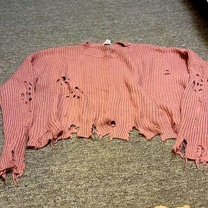 Sz3X frayed n holes mauve colored sweater over sized cozy ripped is the look